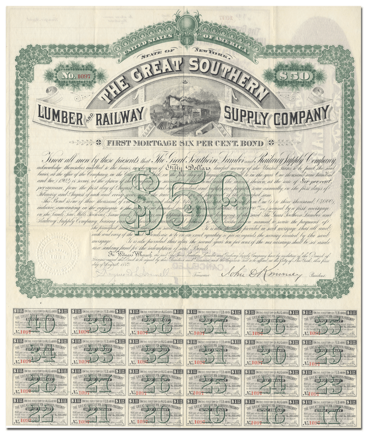 Great Southern Lumber and Railway Supply Company Bond Certificate