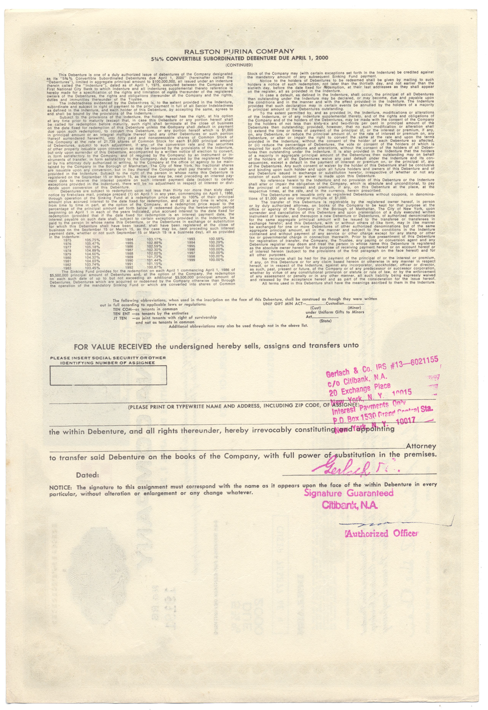 Ralston Purina Company Bond Certificate