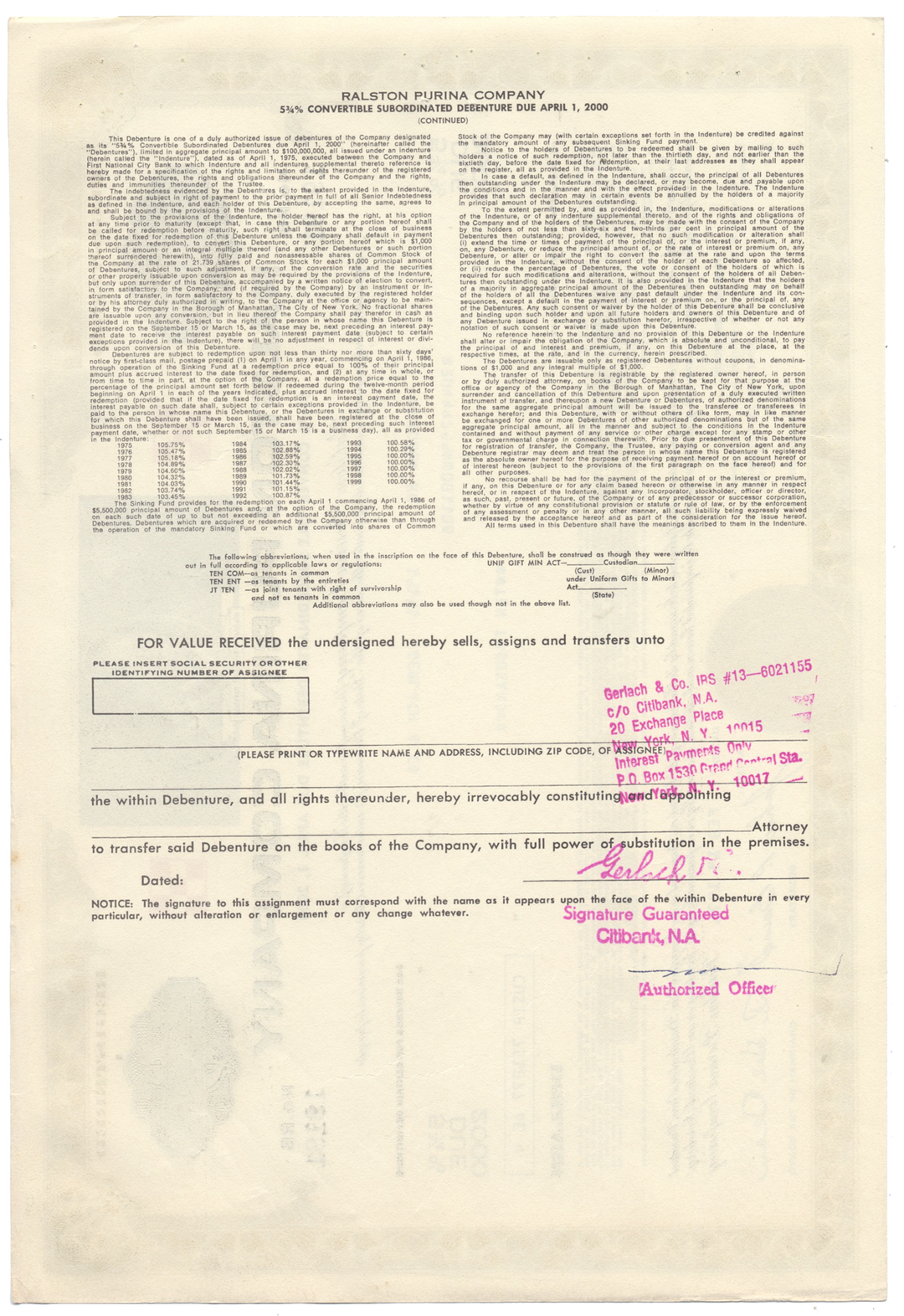 Ralston Purina Company Bond Certificate