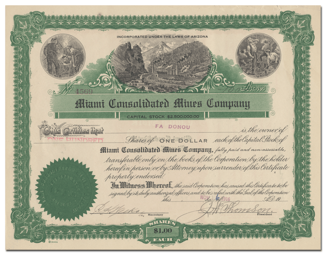 Miami Consolidated Mines Company Stock Certificate