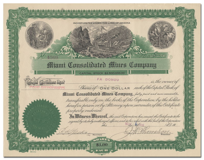 Miami Consolidated Mines Company Stock Certificate