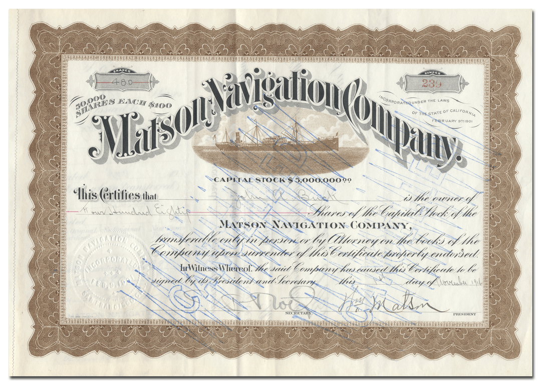 Matson Navigation Company Stock Certificate