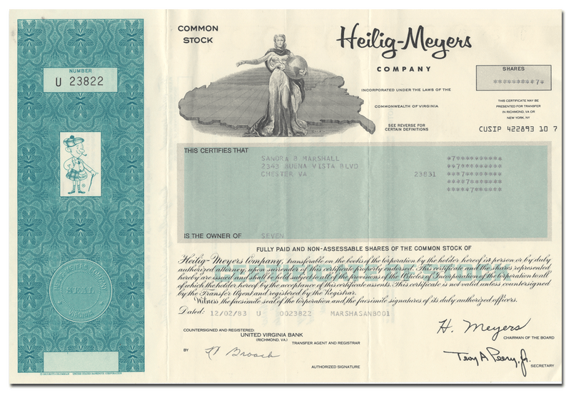 Heilig-Meyers Company Stock Certificate