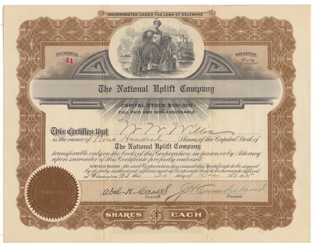 National Uplift Company Stock Certificate