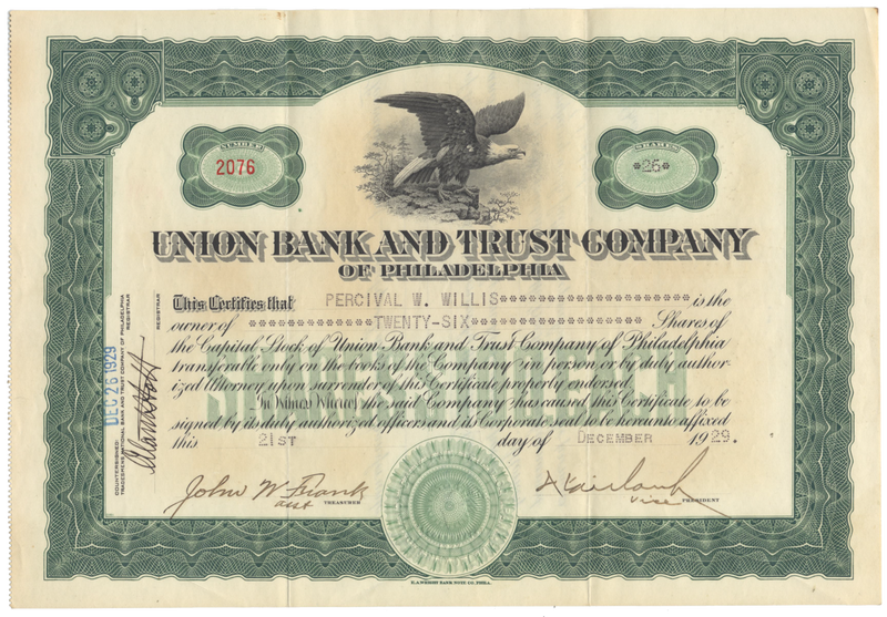 Union Bank and Trust Company of Philadelphia Stock Certificate