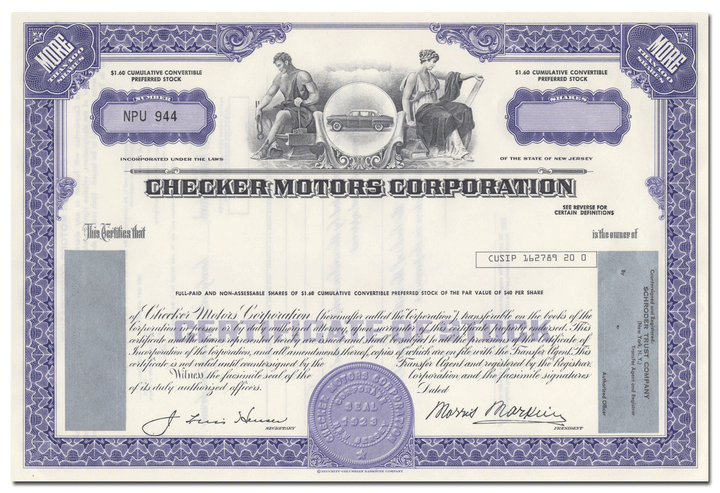 Checker Motors Corporation Stock Certificate