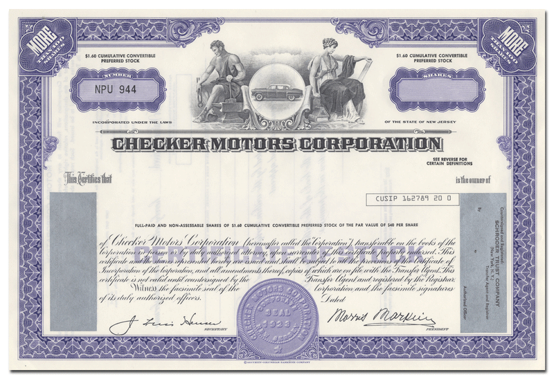 Checker Motors Corporation Stock Certificate