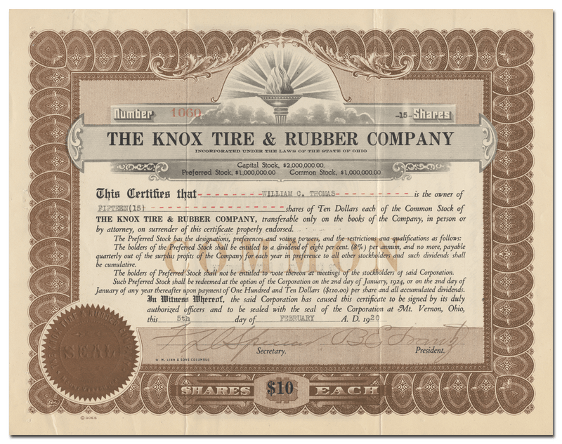 Knox Tire & Rubber Company Stock Certificate