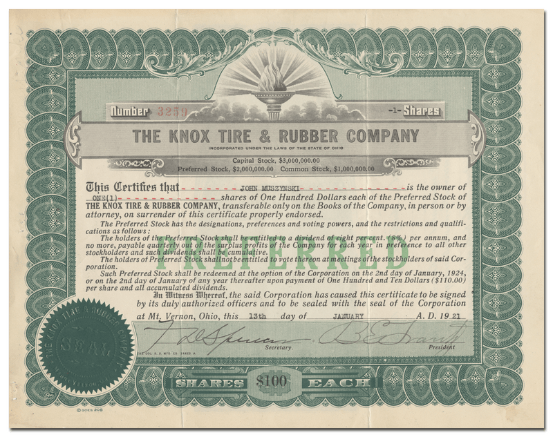 Knox Tire & Rubber Company Stock Certificate
