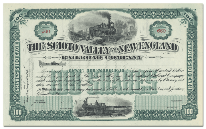 Scioto Valley and New England Railroad Company Stock Certificate