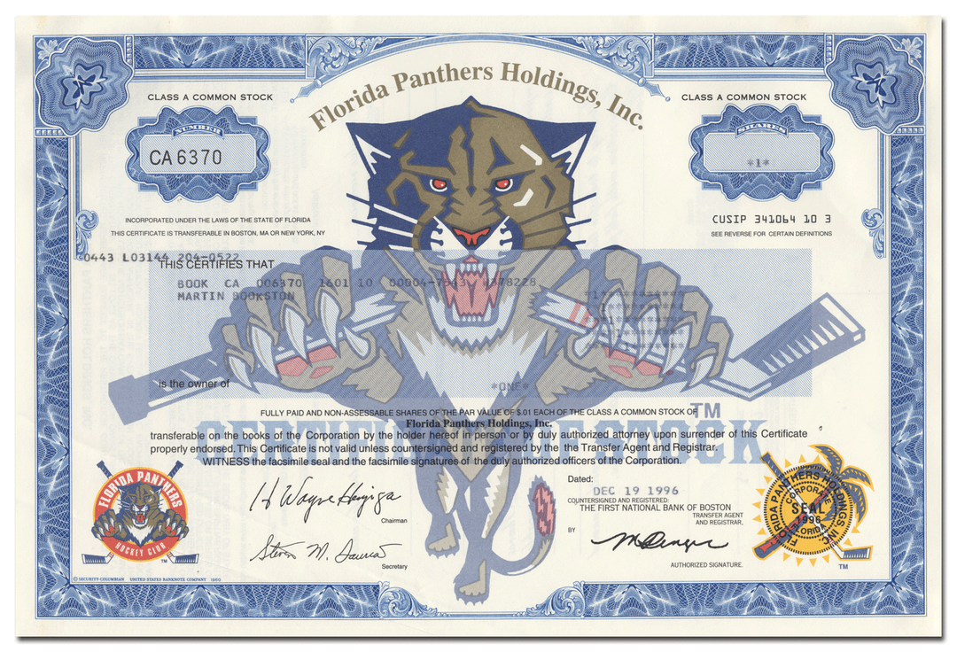 Florida Panthers Holdings, Inc. Stock Certificate