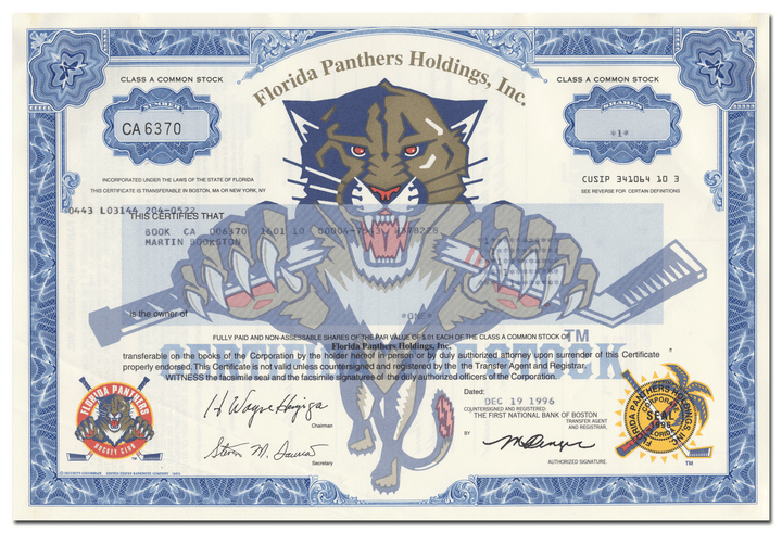 Florida Panthers Holdings, Inc. Stock Certificate