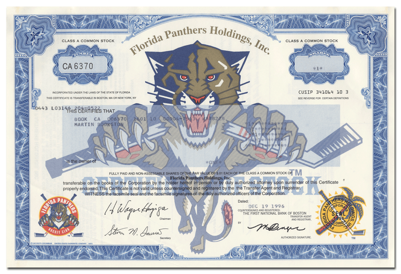 Florida Panthers Holdings, Inc. Stock Certificate