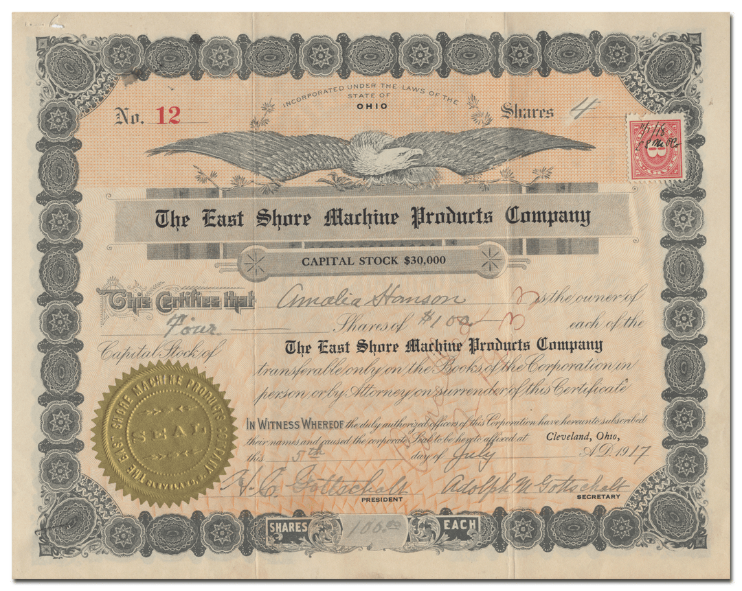 East Shore Machine Products Company Stock Certificate