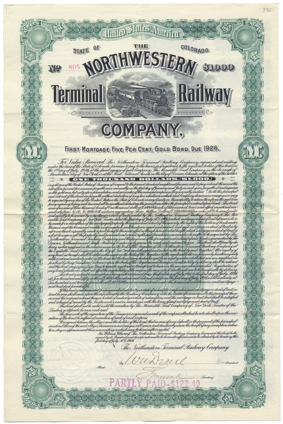 Northwestern Terminal Railway Company Bond Certificate