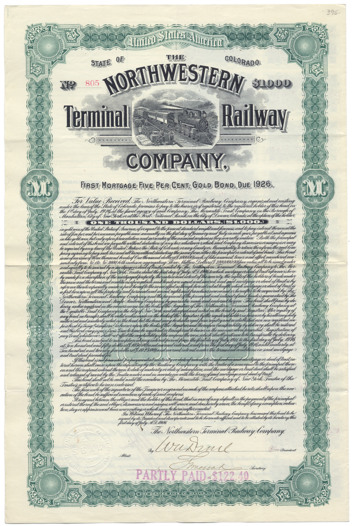 Northwestern Terminal Railway Company Bond Certificate