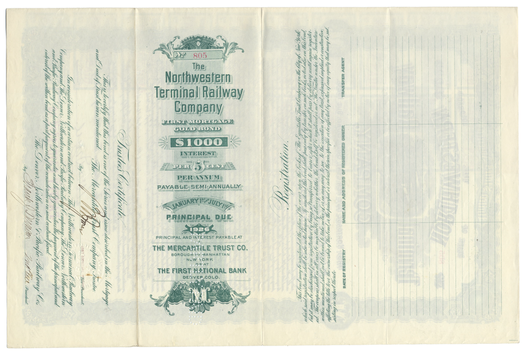 Northwestern Terminal Railway Company Bond Certificate