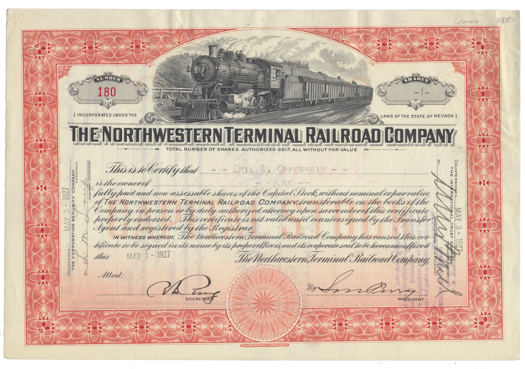 Northwestern Terminal Railroad Company Stock Certificate