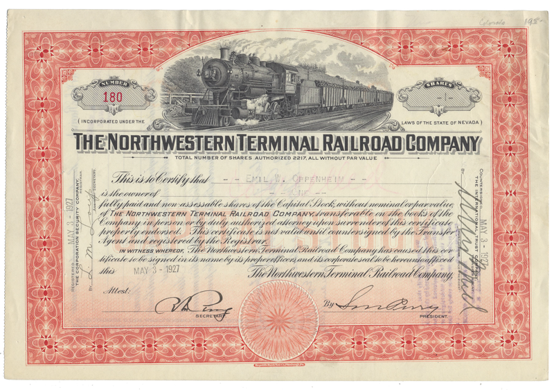 Northwestern Terminal Railroad Company Stock Certificate