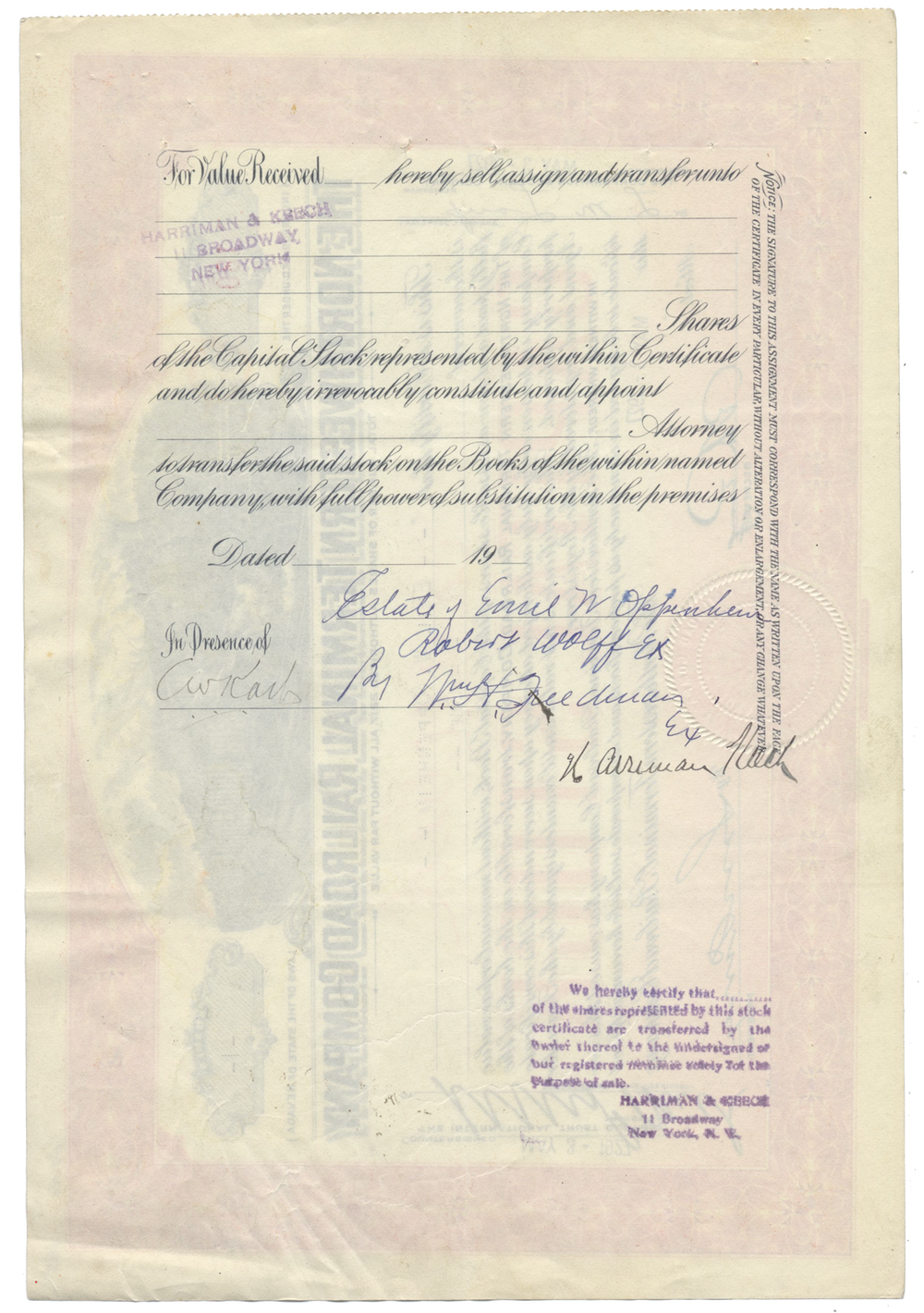 Northwestern Terminal Railroad Company Stock Certificate