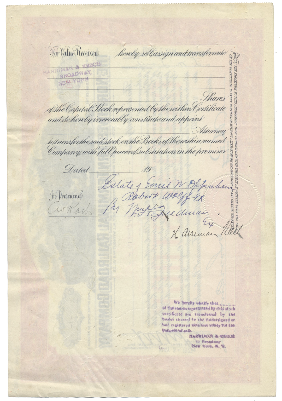 Northwestern Terminal Railroad Company Stock Certificate