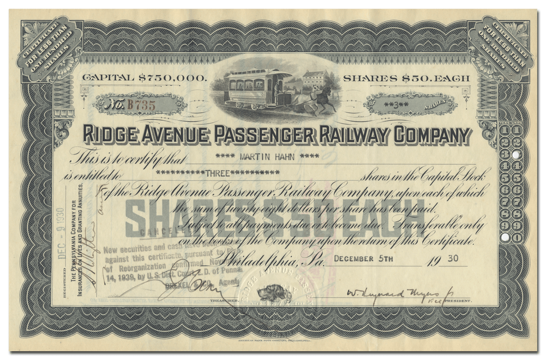 Ridge Avenue Passenger Railway Company Stock Certificate