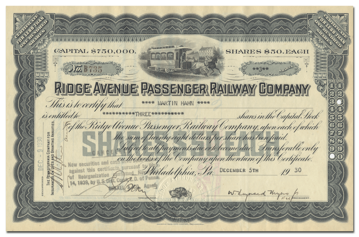 Ridge Avenue Passenger Railway Company Stock Certificate