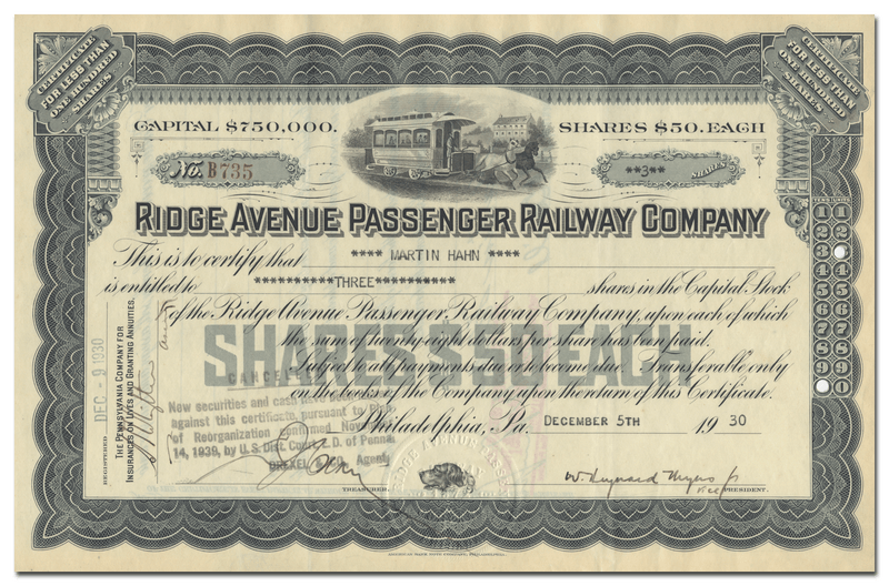 Ridge Avenue Passenger Railway Company Stock Certificate