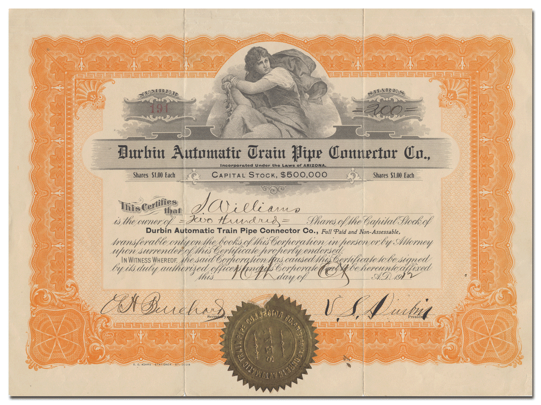 Durbin Automatic Train Pipe Connector Co. Stock Certificate