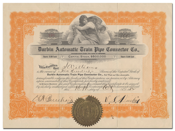 Durbin Automatic Train Pipe Connector Co. Stock Certificate