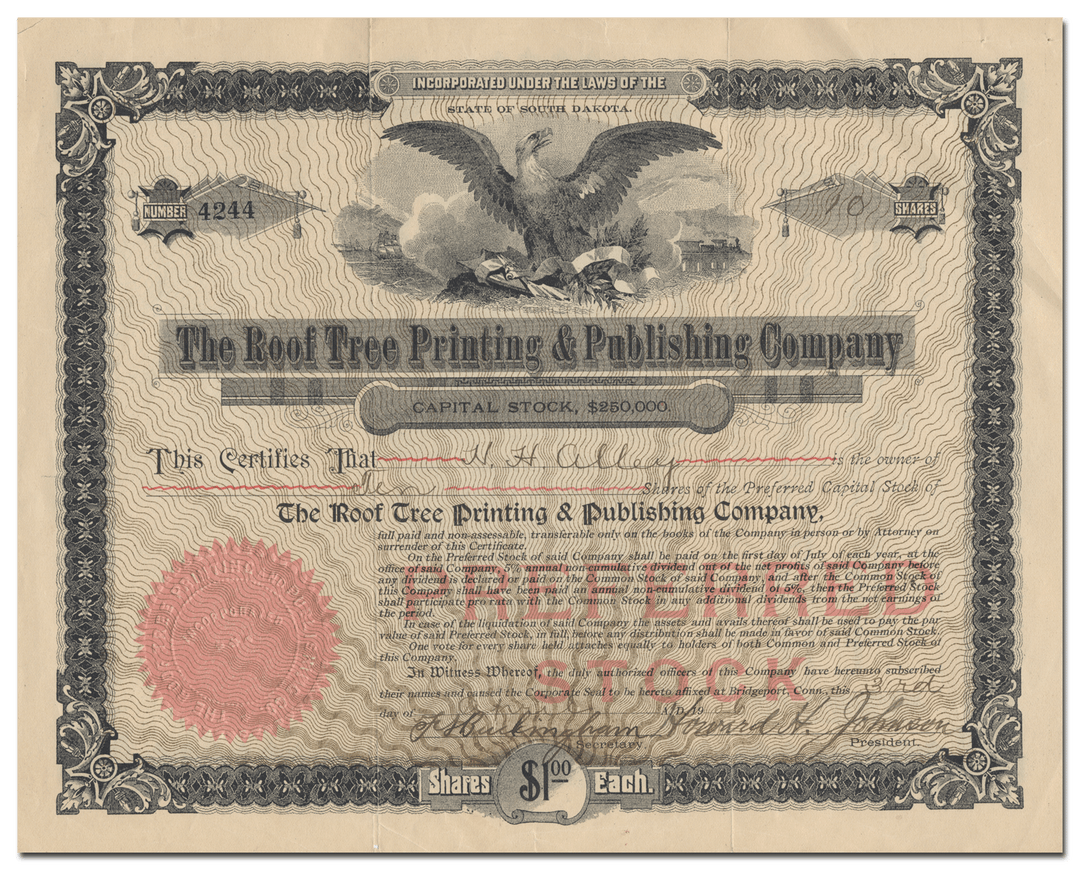 Roof Tree Printing & Publishing Company Stock Certificate