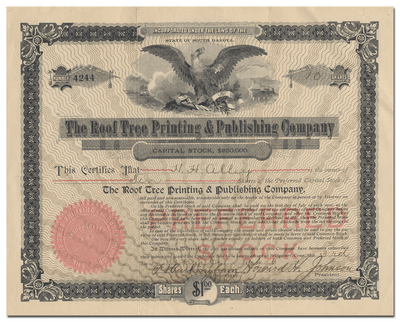 Roof Tree Printing & Publishing Company Stock Certificate