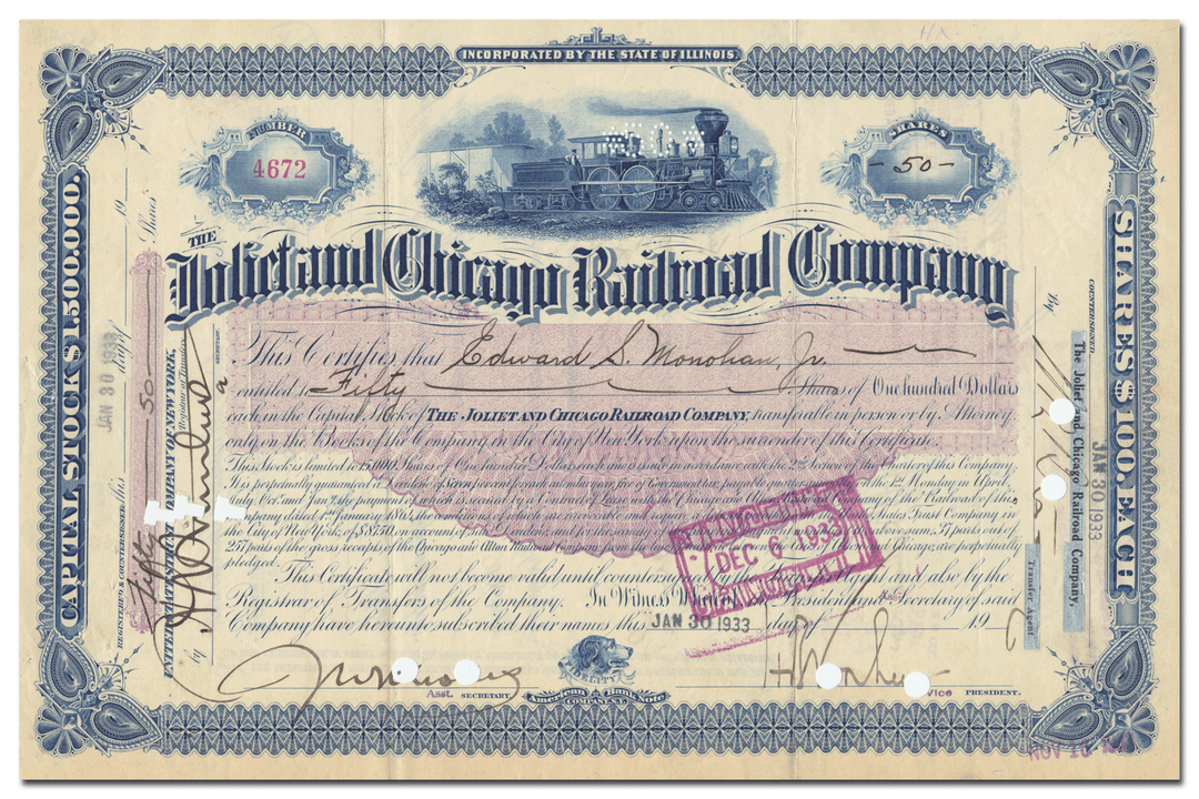 Joliet and Chicago Railroad Company Stock Certificate