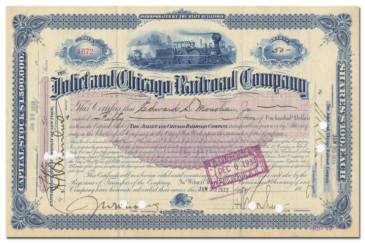 Joliet and Chicago Railroad Company Stock Certificate