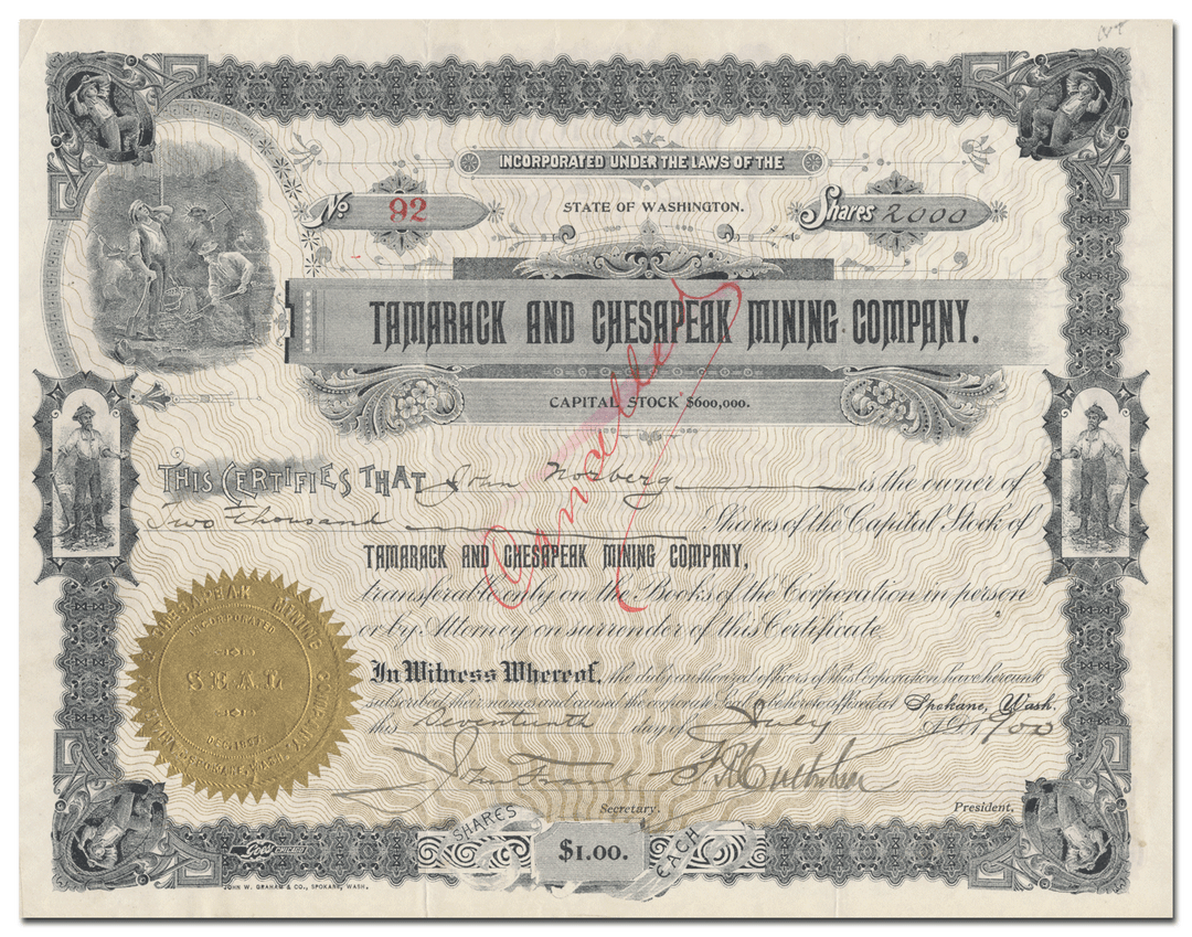 Tamarack and Chesapeake Mining Company Stock Certificate