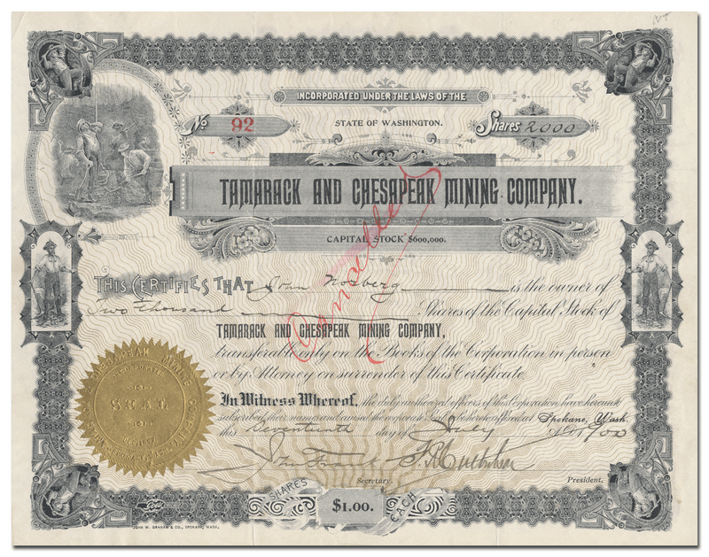 Tamarack and Chesapeake Mining Company Stock Certificate