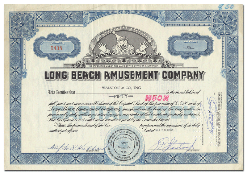 Long Beach Amusement Company Stock Certificate