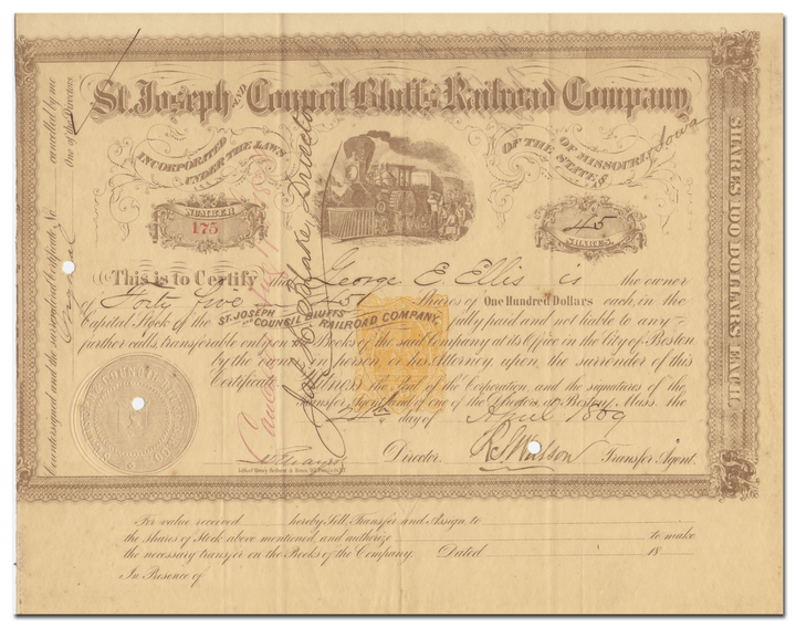 St. Joseph and Council Bluffs Railroad Company Stock Certificate