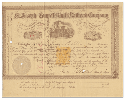 St. Joseph and Council Bluffs Railroad Company Stock Certificate