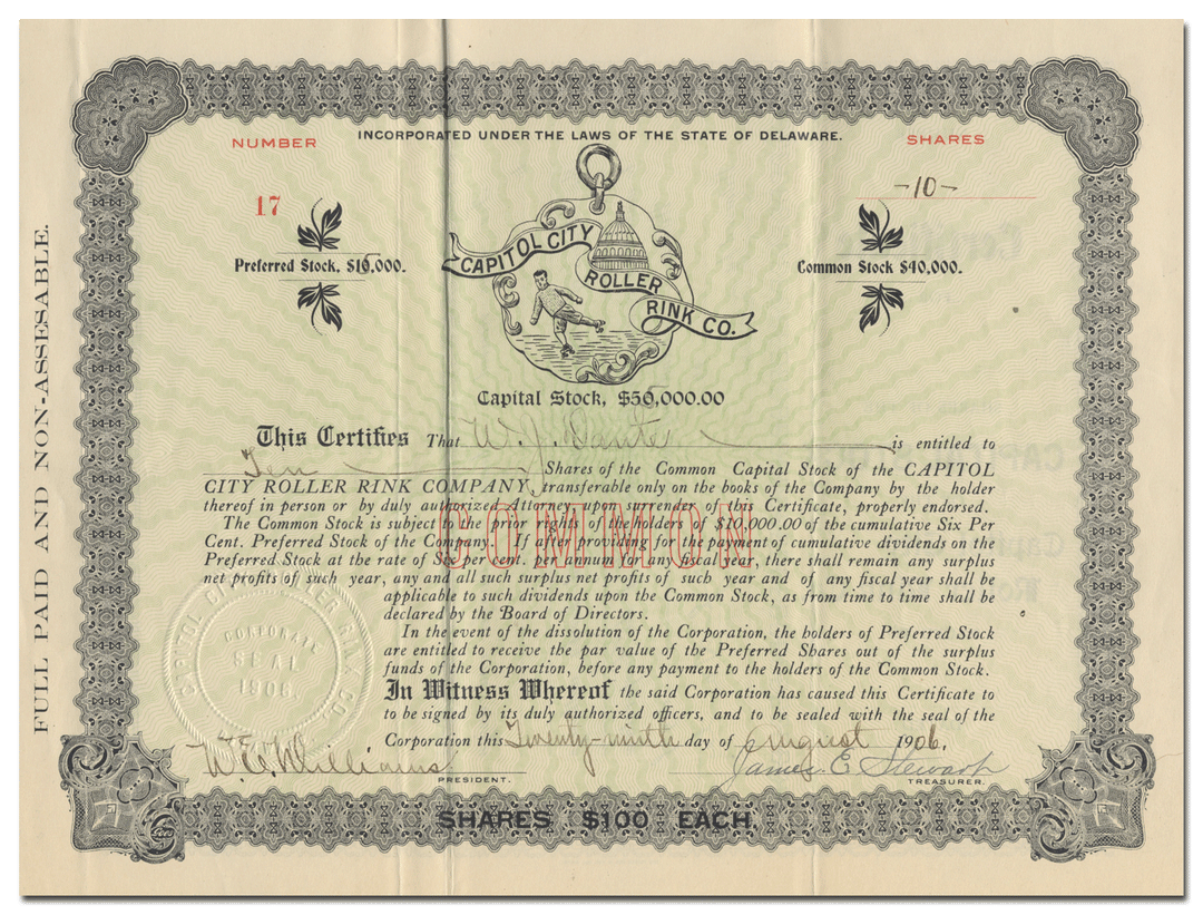 Capitol City Roller Rink Company Stock Certificate