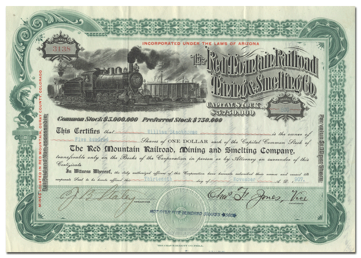 Red Mountain Railroad, Mining and Smelting Company Stock Certificate