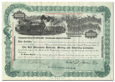 Red Mountain Railroad, Mining and Smelting Company Stock Certificate