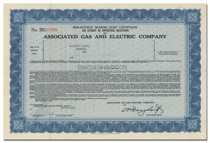 Associated Gas and Electric Company Stock Certificate