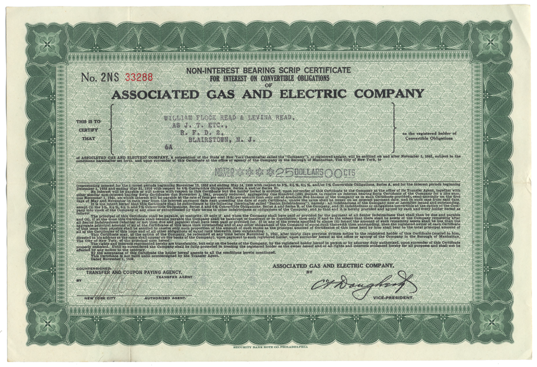 Associated Gas and Electric Company Stock Certificate