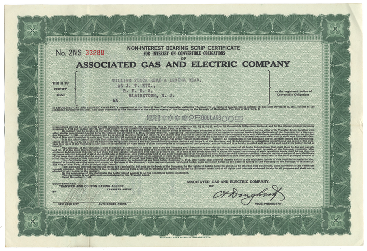 Associated Gas and Electric Company Stock Certificate