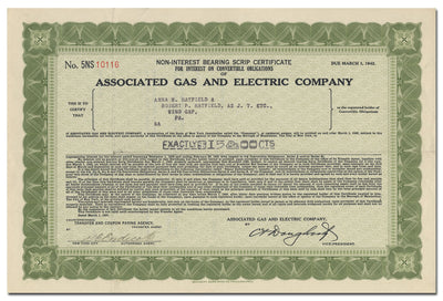 Associated Gas and Electric Company Stock Certificate
