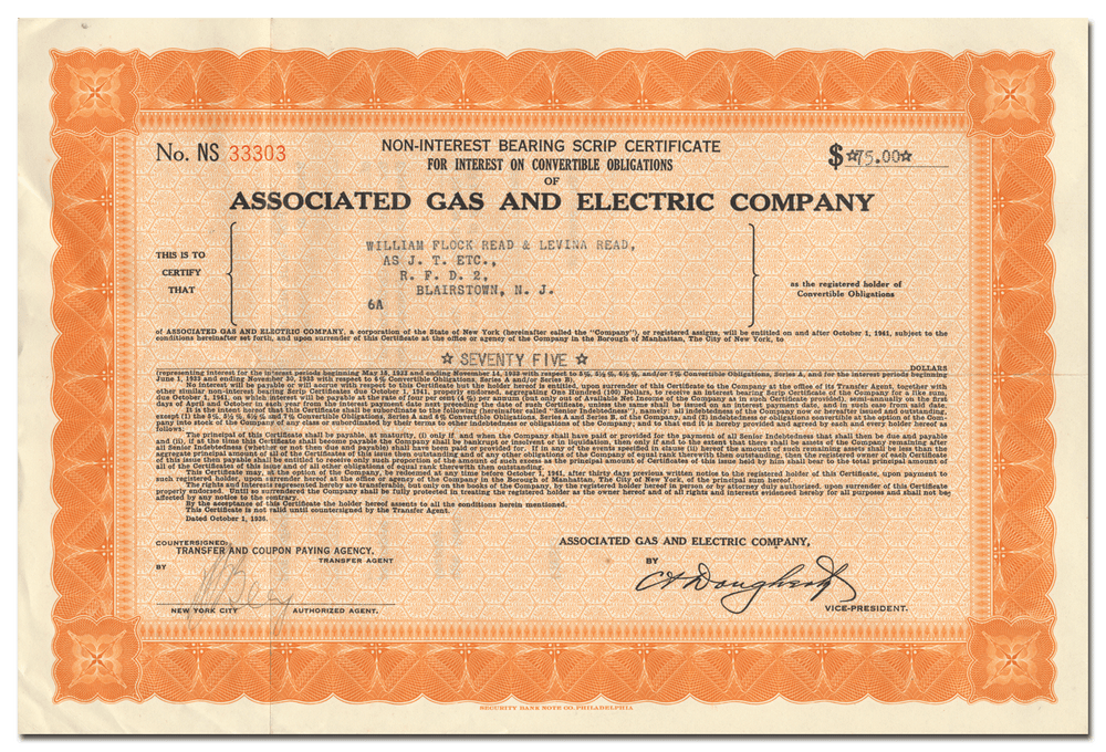 Associated Gas and Electric Company Stock Certificate