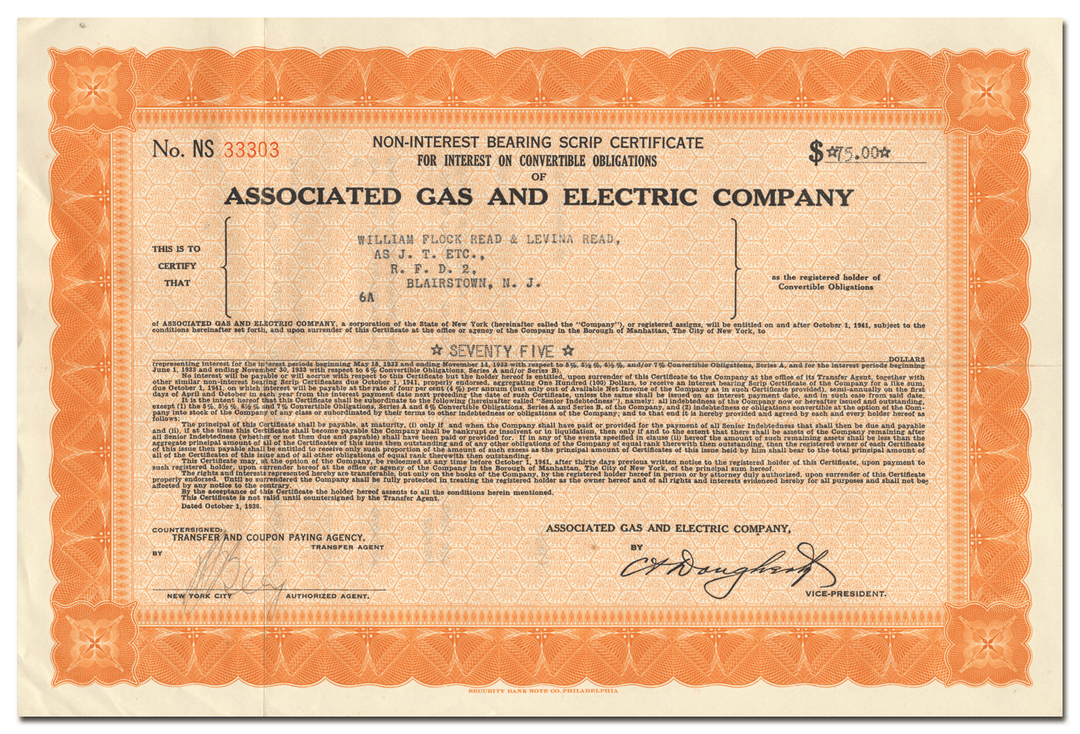 Associated Gas and Electric Company Stock Certificate