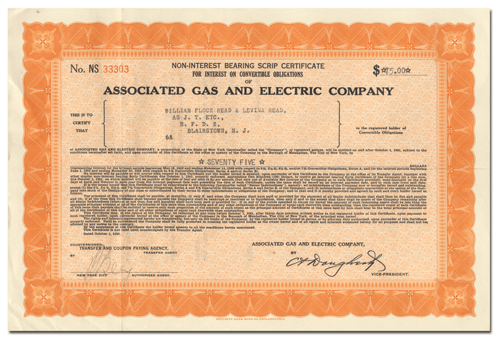 Associated Gas and Electric Company Stock Certificate