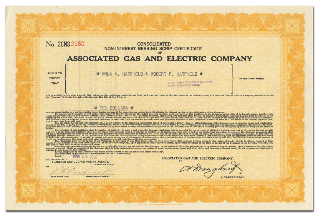 Associated Gas and Electric Company Stock Certificate